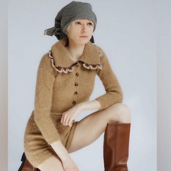 TACH Brown Cropped Cardigan with Embroidered Collar felipa USA xs - Picture 2 of 12